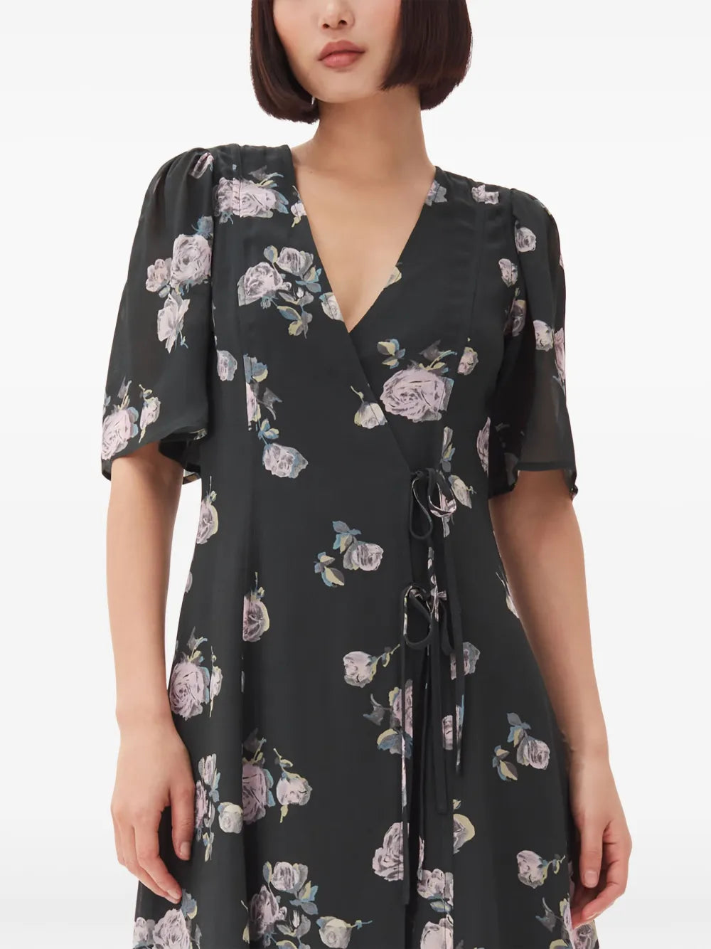 Ganni Floral Print Crepe Wrap Midi Dress