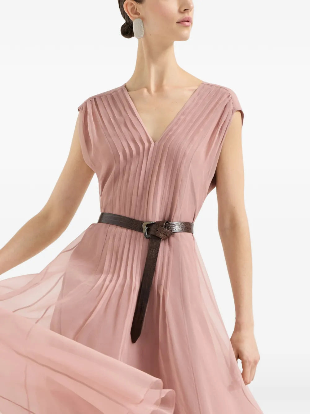 Brunello Cucinelli Belted Pleated Silk Maxi Dress