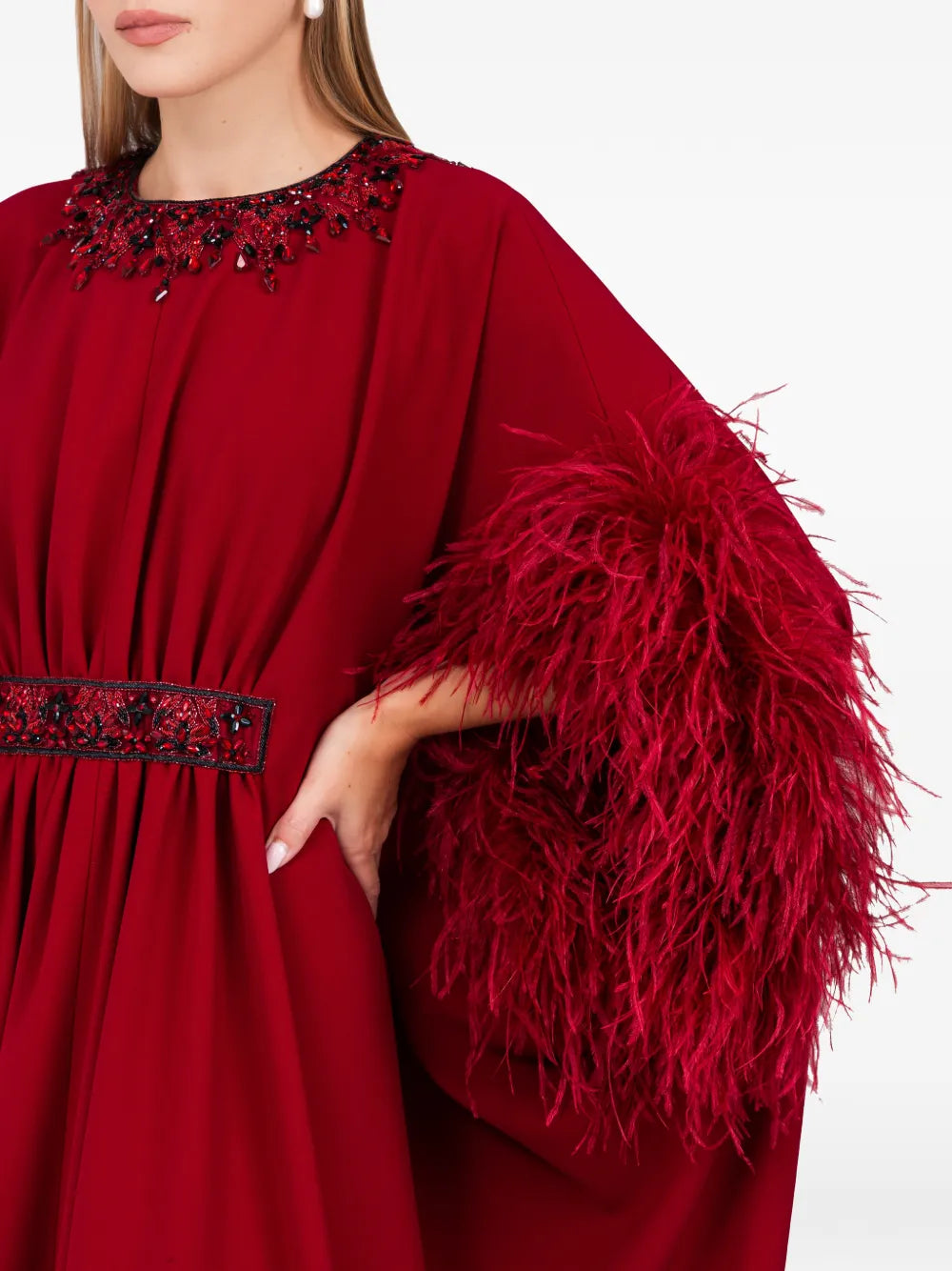 Dina Melwani Feather Sleeve Maxi Dress