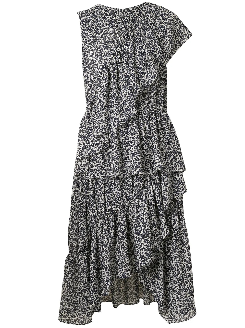Goenj Floral Print Asymmetric Ruffled Dress
