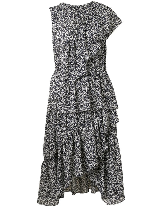 Goenj Floral Print Asymmetric Ruffled Dress