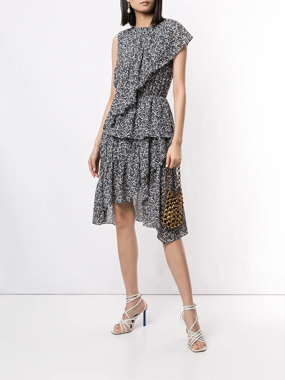 Goenj Floral Print Asymmetric Ruffled Dress