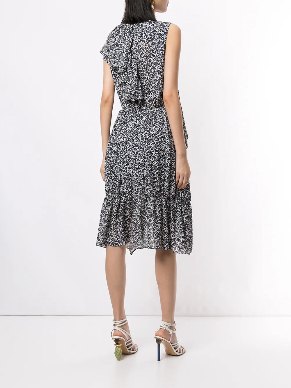Goenj Floral Print Asymmetric Ruffled Dress