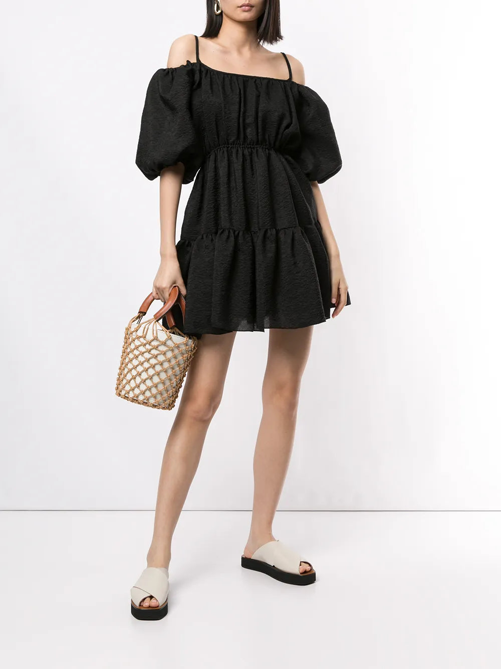 Goenj Balloon Sleeved Tiered Mini Dress