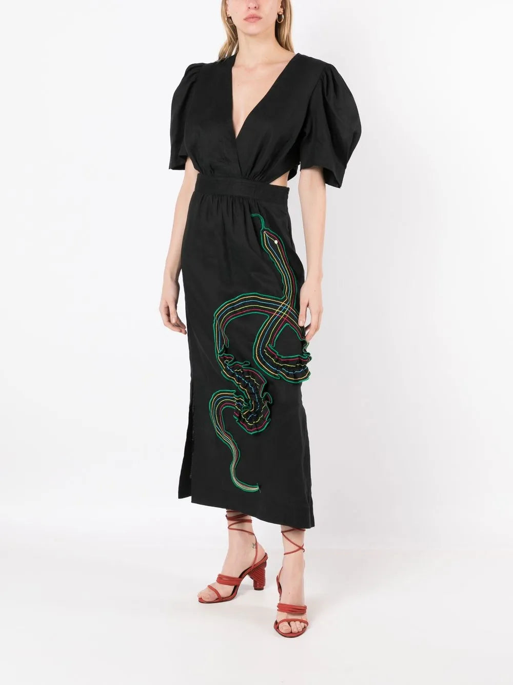 Isolda Lina Embroidered Motif Puff Sleeve Dress