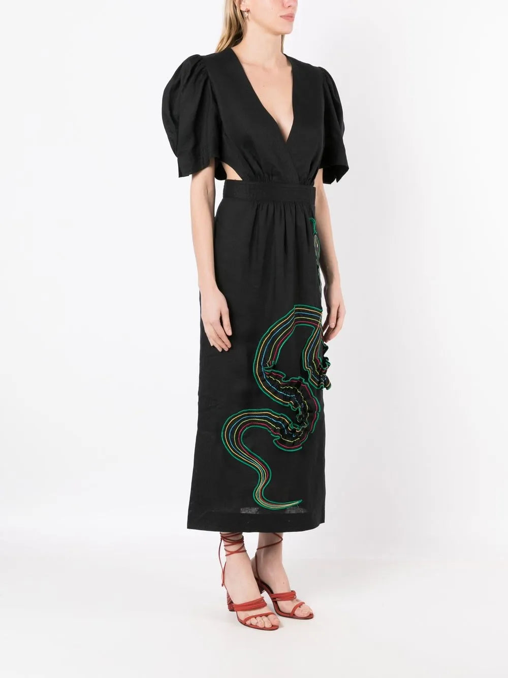 Isolda Lina Embroidered Motif Puff Sleeve Dress