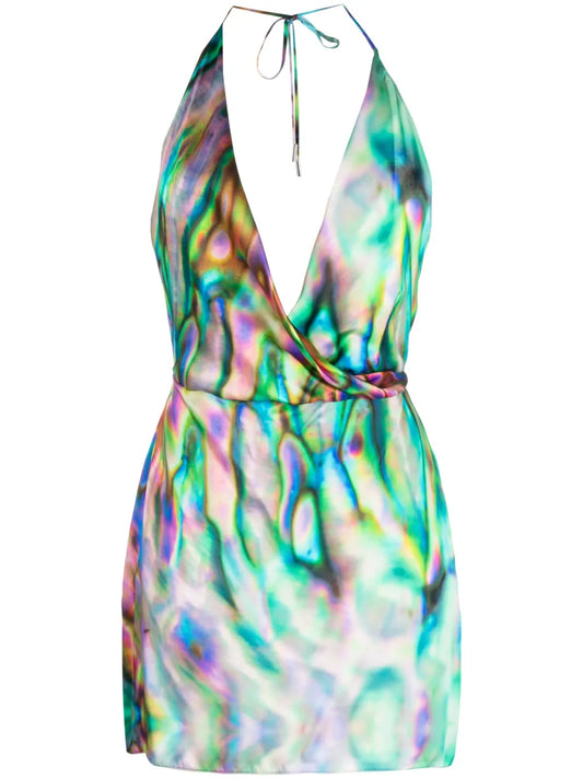 David Koma Abstract Print Halterneck Silk Minidress