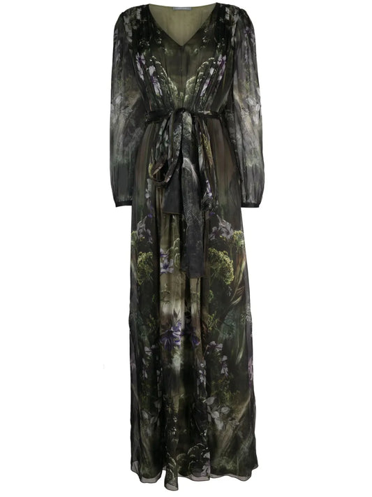 Alberta Ferretti Winter Garden Print Silk Maxi Dress