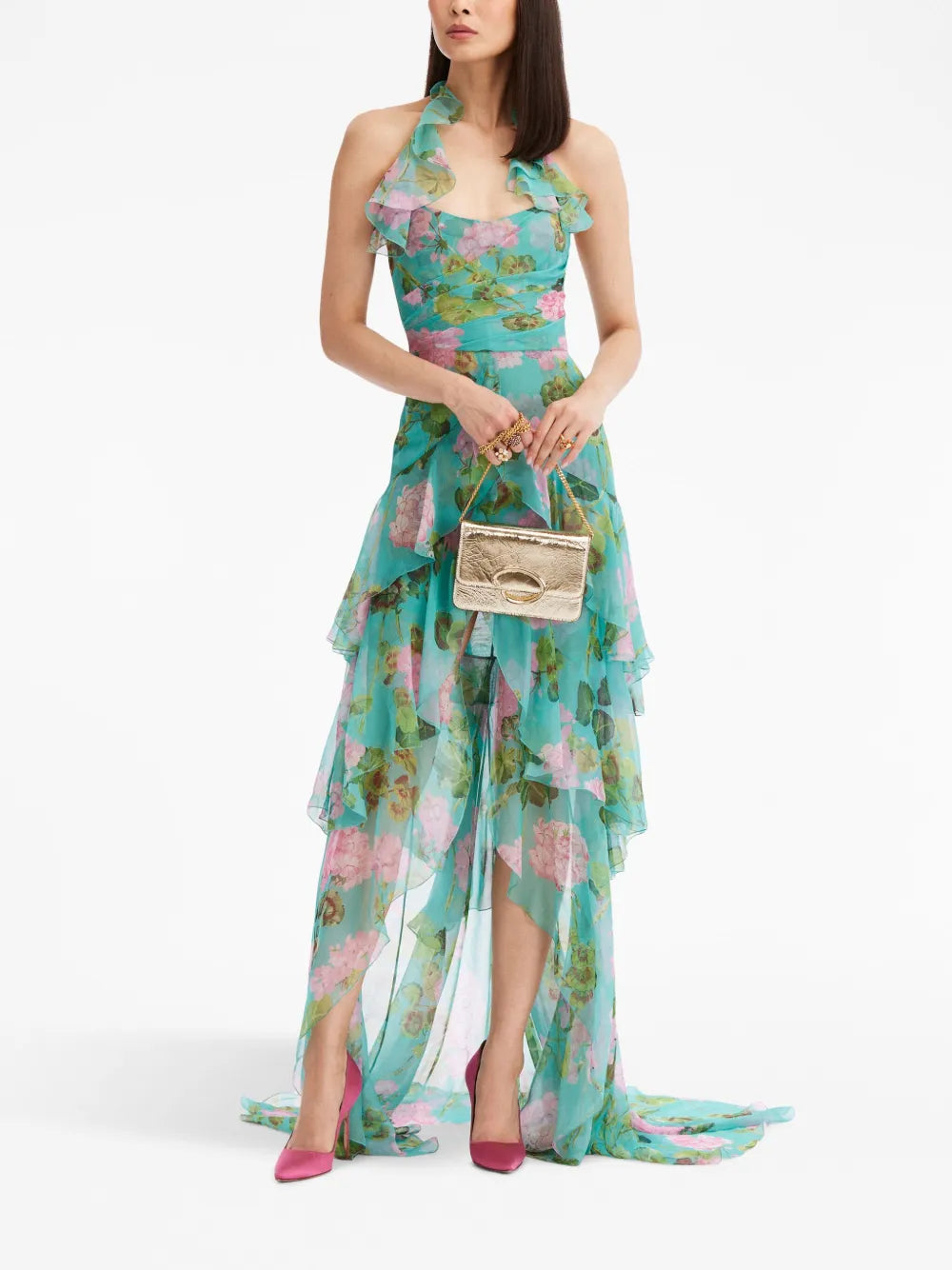 Oscar De La Renta Geranium Print Ruffled Chiffon Gown