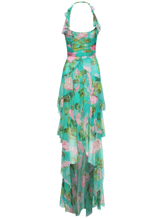 Oscar De La Renta Geranium Print Ruffled Chiffon Gown