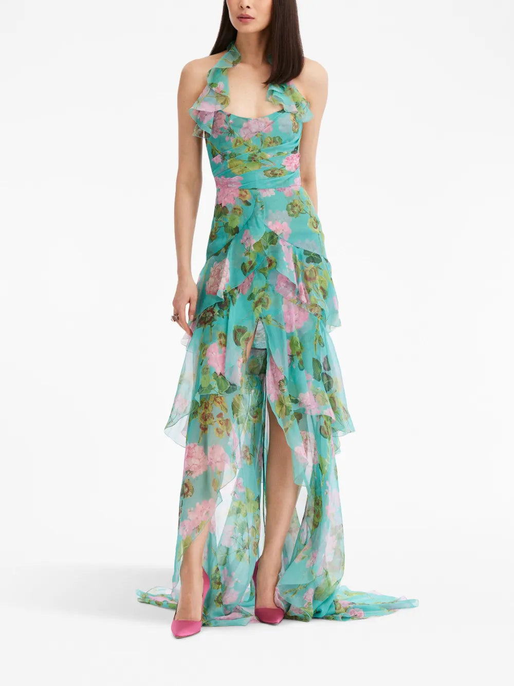 Oscar De La Renta Geranium Print Ruffled Chiffon Gown