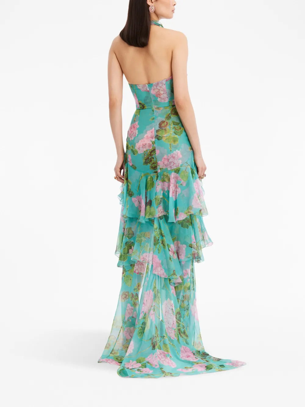 Oscar De La Renta Geranium Print Ruffled Chiffon Gown