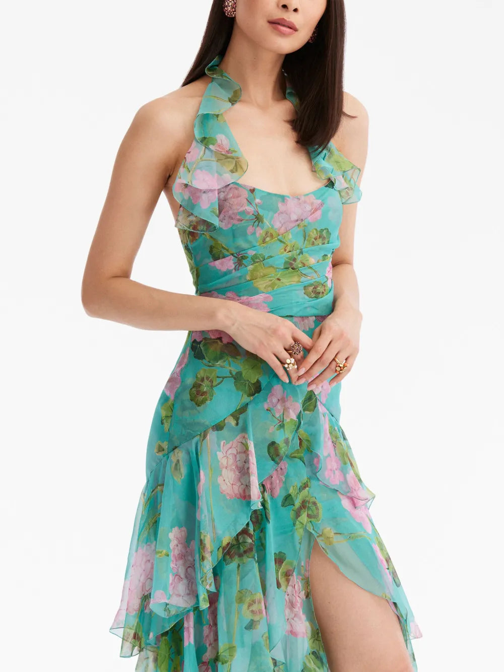 Oscar De La Renta Geranium Print Ruffled Chiffon Gown