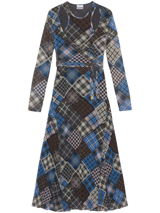 Ganni Check Print Wrap Midi Dress