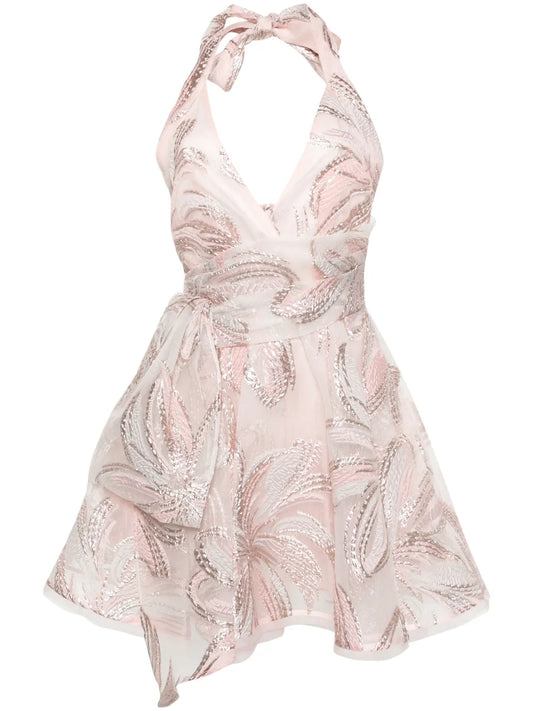 Talbot Runhof Floral Applique Belted Minidress