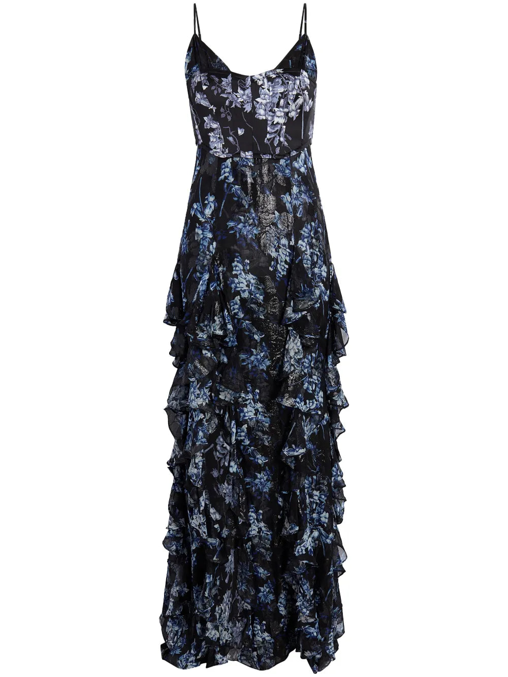 Cinq A Sept Glenda Floral Print Ruffled Gown