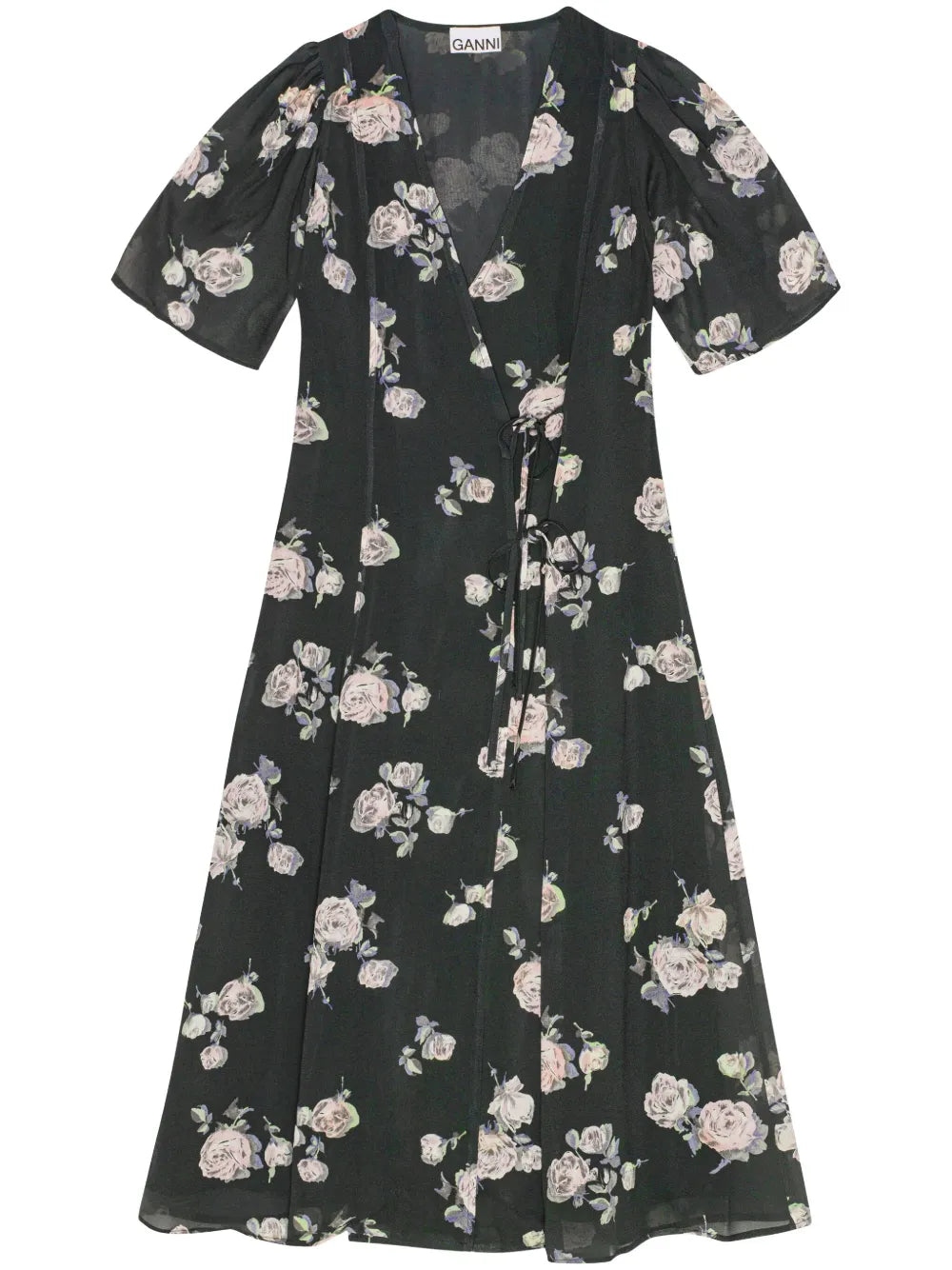 Ganni Floral Print Crepe Wrap Midi Dress