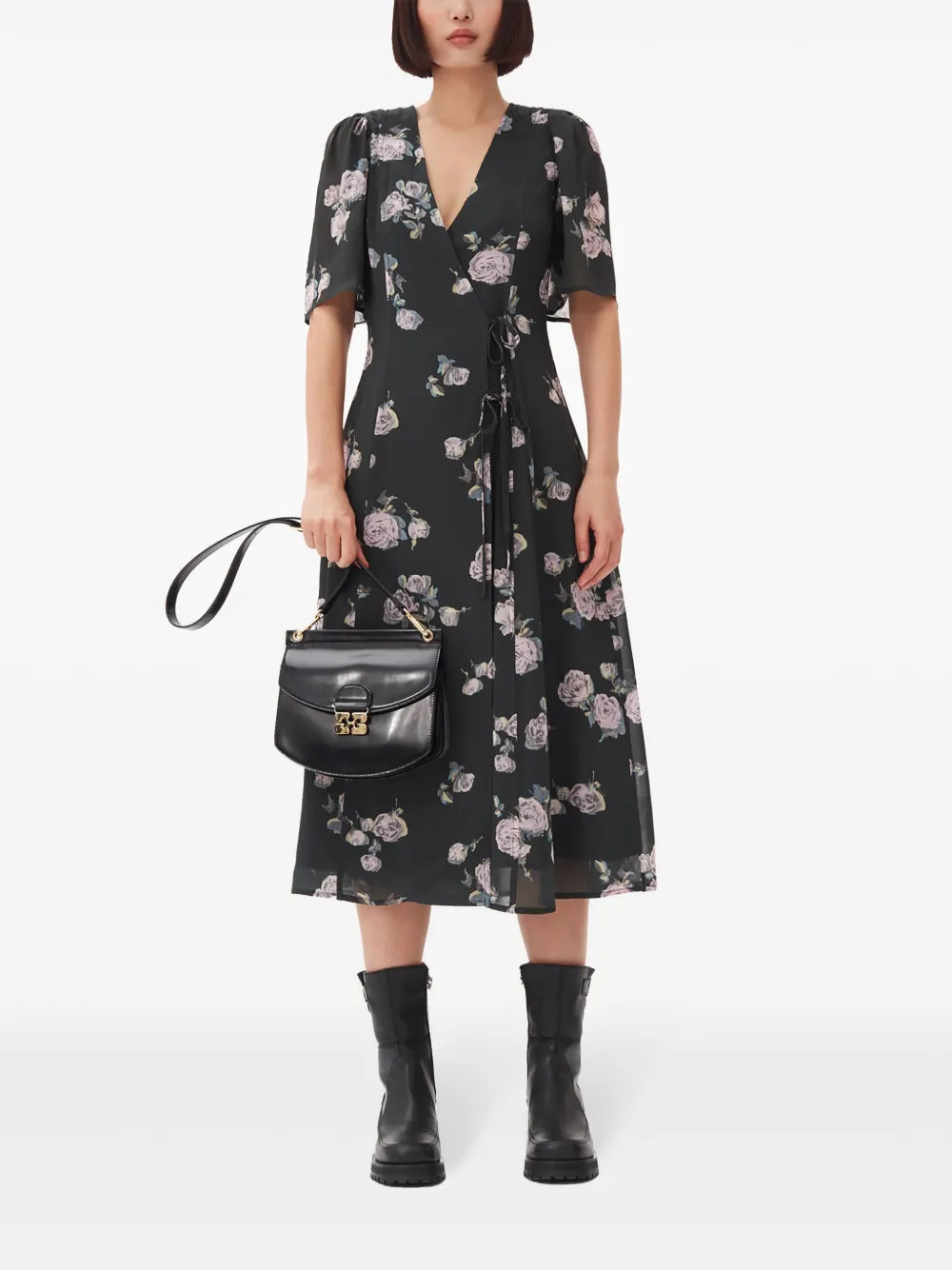 Ganni Floral Print Crepe Wrap Midi Dress