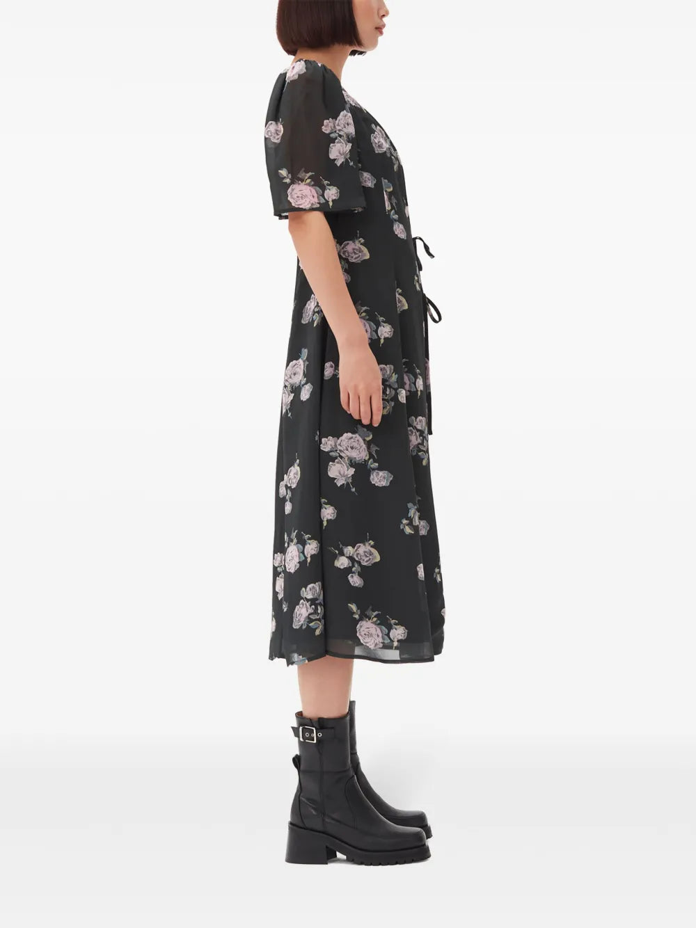 Ganni Floral Print Crepe Wrap Midi Dress
