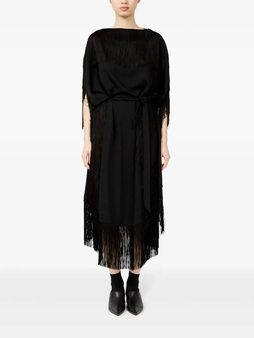 Mm6 Maison Margiela Fringe Detail Belted Midi Dress