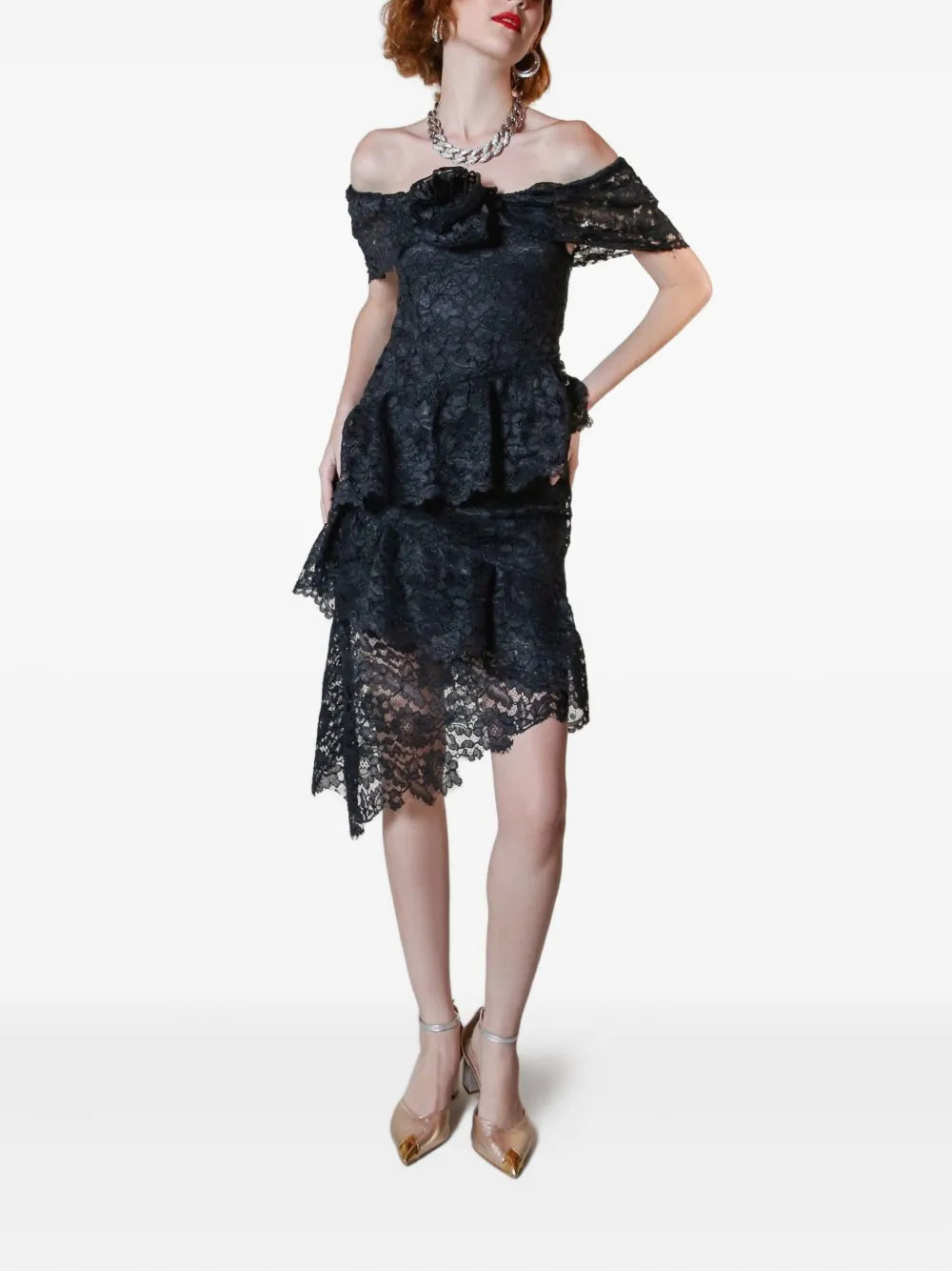 Lethicia Bronstein Bellini Off Shoulder Ruffled Lace Dress