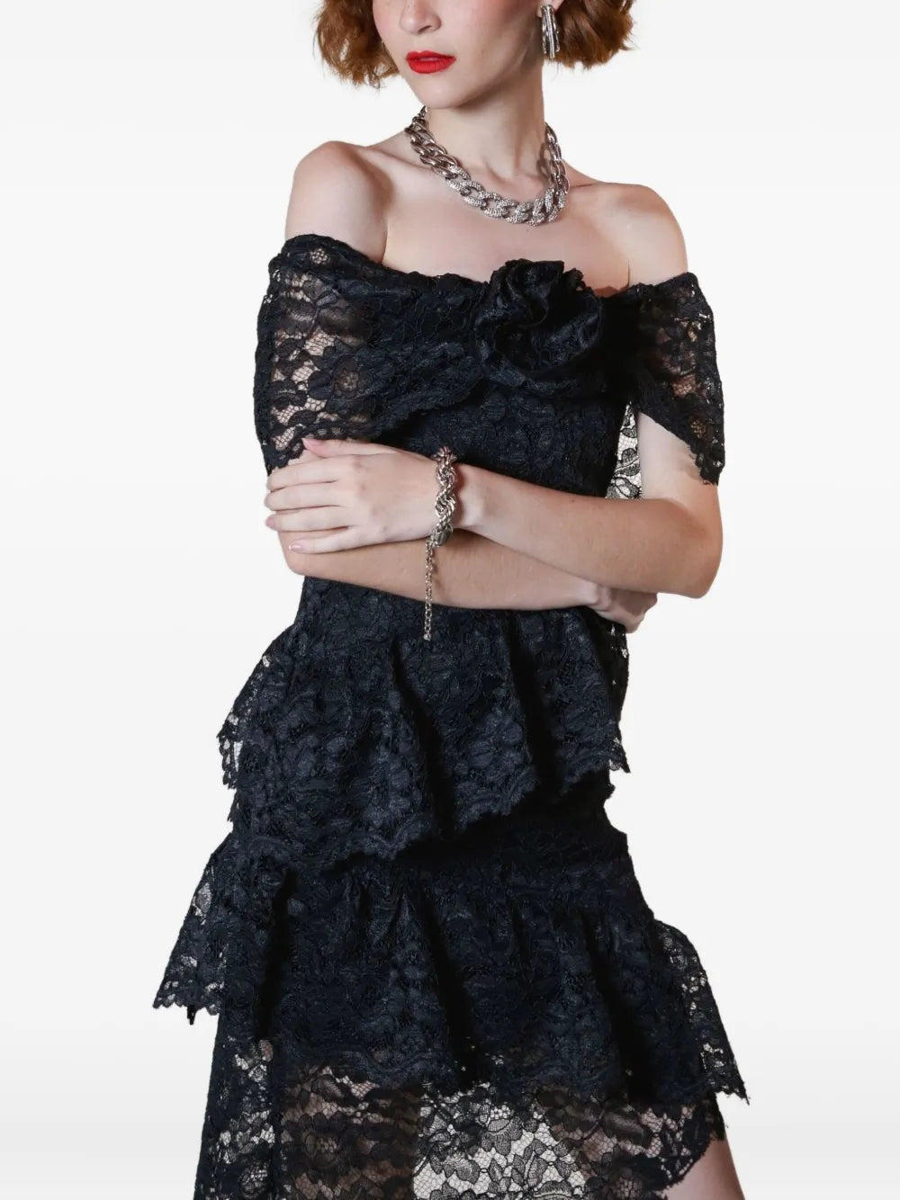 Lethicia Bronstein Bellini Off Shoulder Ruffled Lace Dress