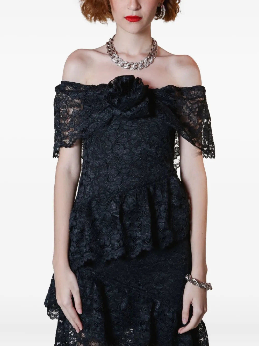 Lethicia Bronstein Bellini Off Shoulder Ruffled Lace Dress