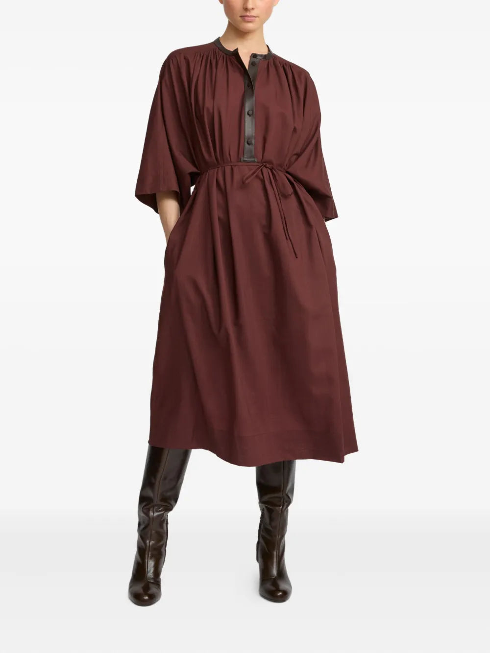 Yves Salomon Leather Trim Belted Midi Dress