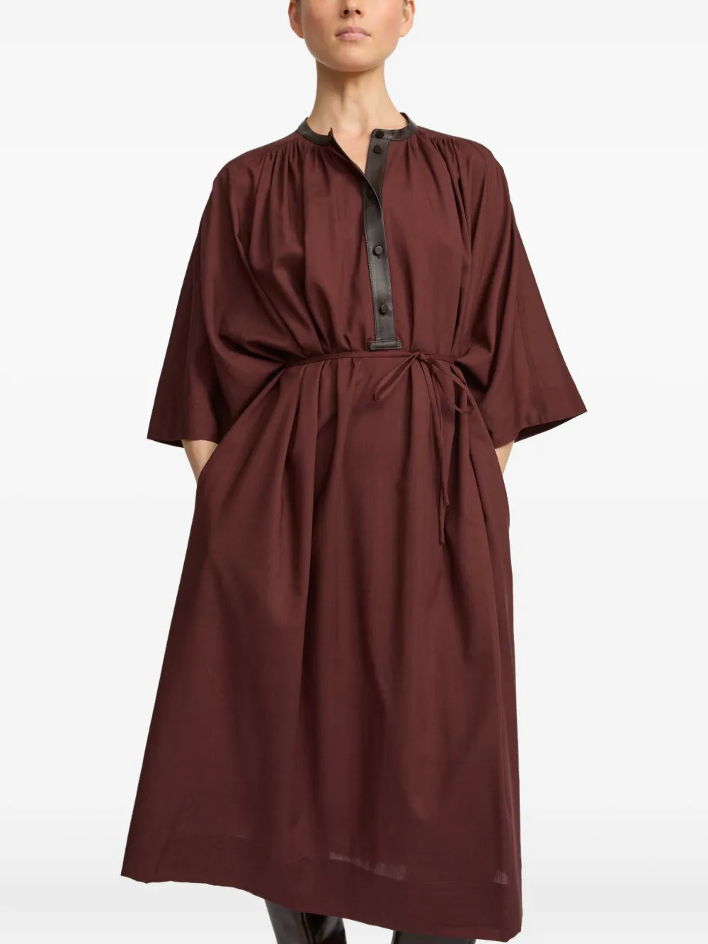 Yves Salomon Leather Trim Belted Midi Dress