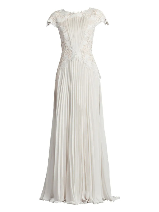 Tadashi Shoji Pleated Lace Embellished Gown