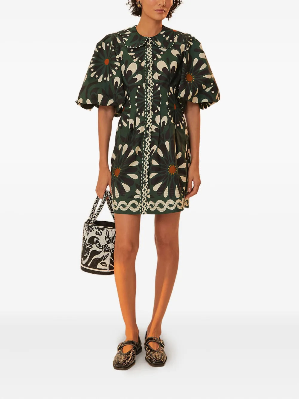 Farm Rio Ainika Flowers Peter Pan Collar Puff Sleeve Mini Dress