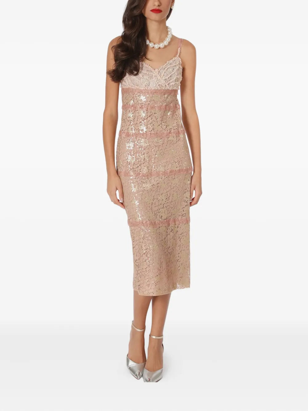 Lethicia Bronstein Lace Insert Pearl Embellishment Midi Dress