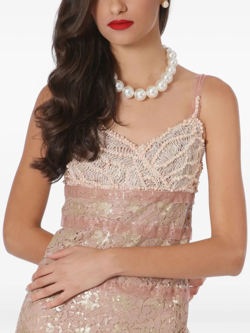 Lethicia Bronstein Lace Insert Pearl Embellishment Midi Dress