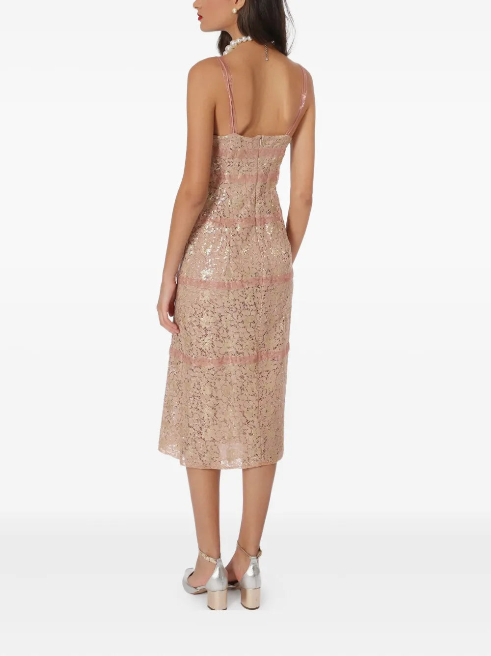 Lethicia Bronstein Lace Insert Pearl Embellishment Midi Dress