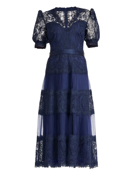 Tadashi Shoji Embroidered Pleated Midi Dress