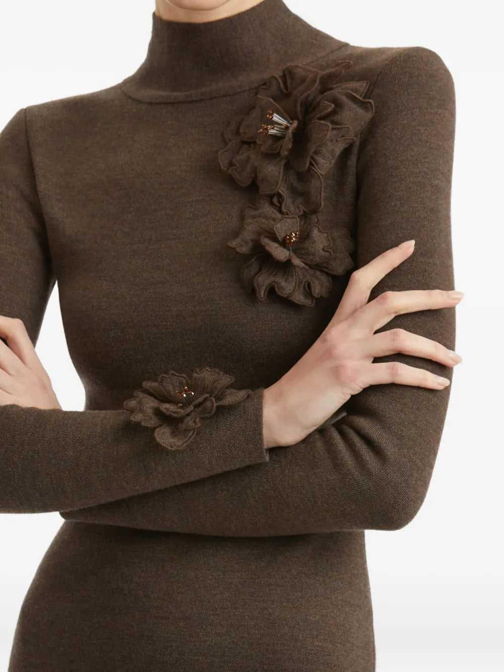 Oscar De La Renta Appliqued Flower Mock Neck Midi Dress
