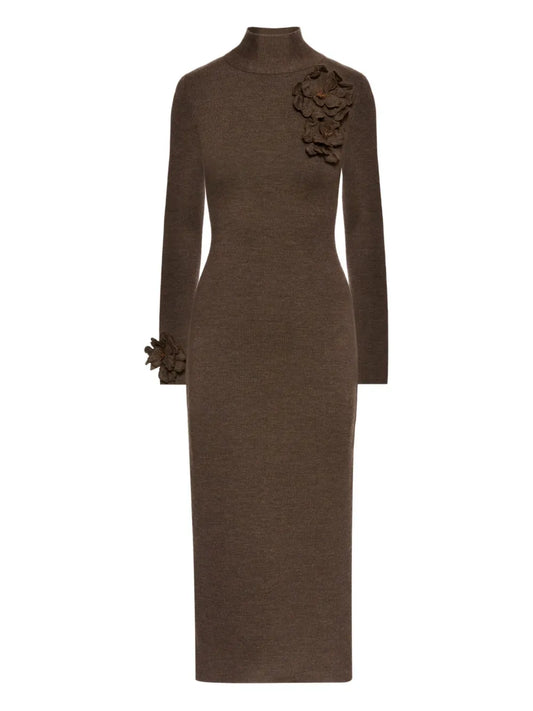 Oscar De La Renta Appliqued Flower Mock Neck Midi Dress