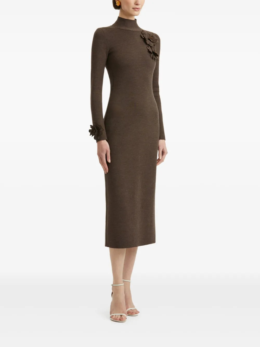 Oscar De La Renta Appliqued Flower Mock Neck Midi Dress