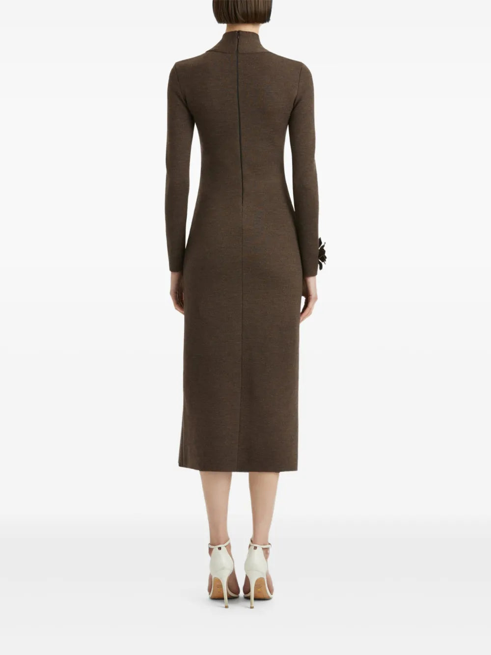 Oscar De La Renta Appliqued Flower Mock Neck Midi Dress