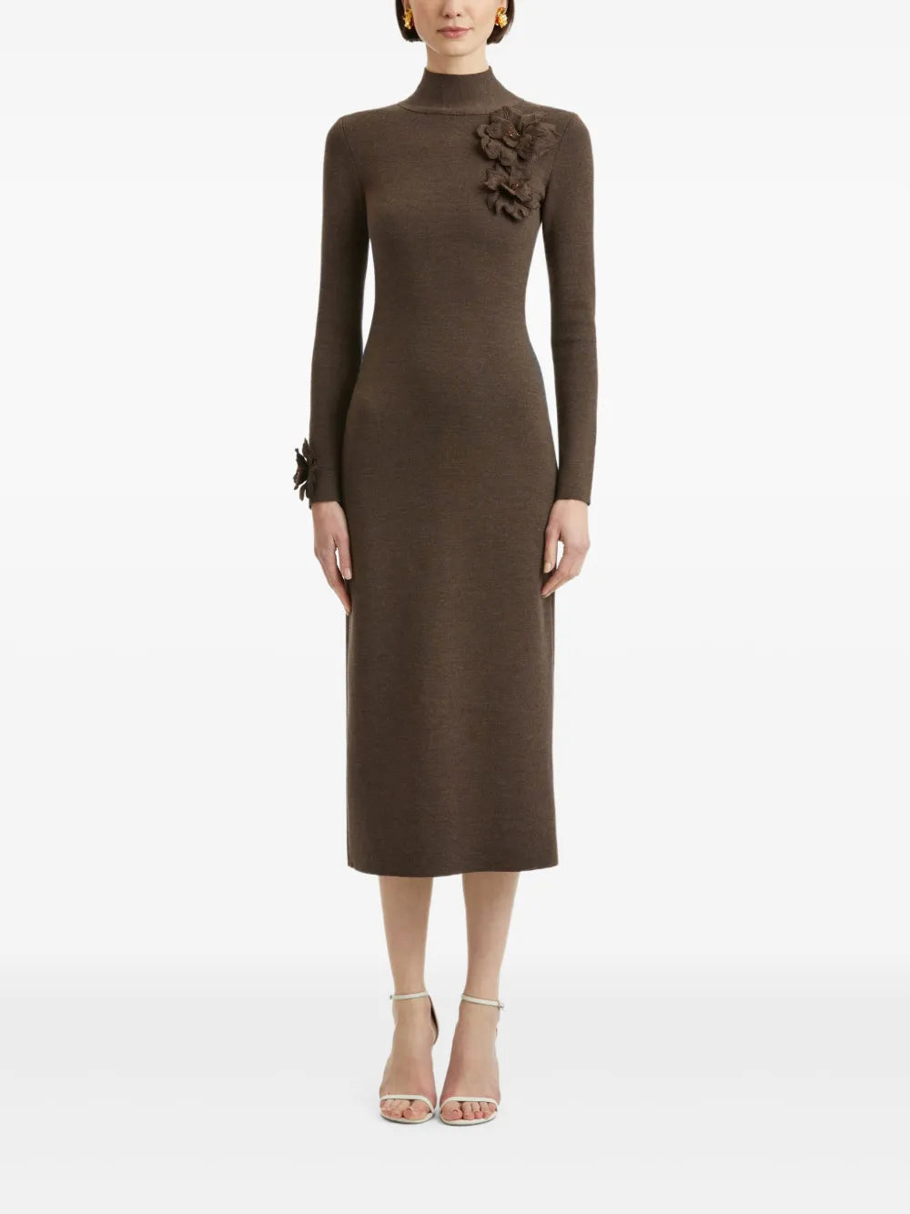 Oscar De La Renta Appliqued Flower Mock Neck Midi Dress