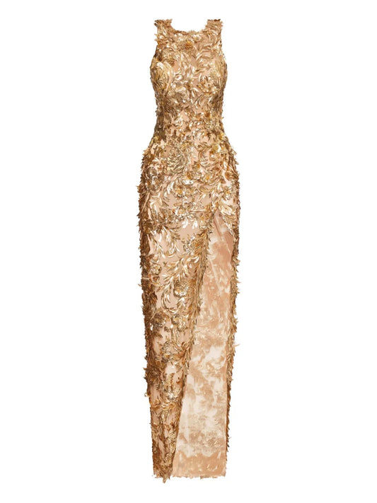 Oscar De La Renta Feather Embellished Maxi Dress