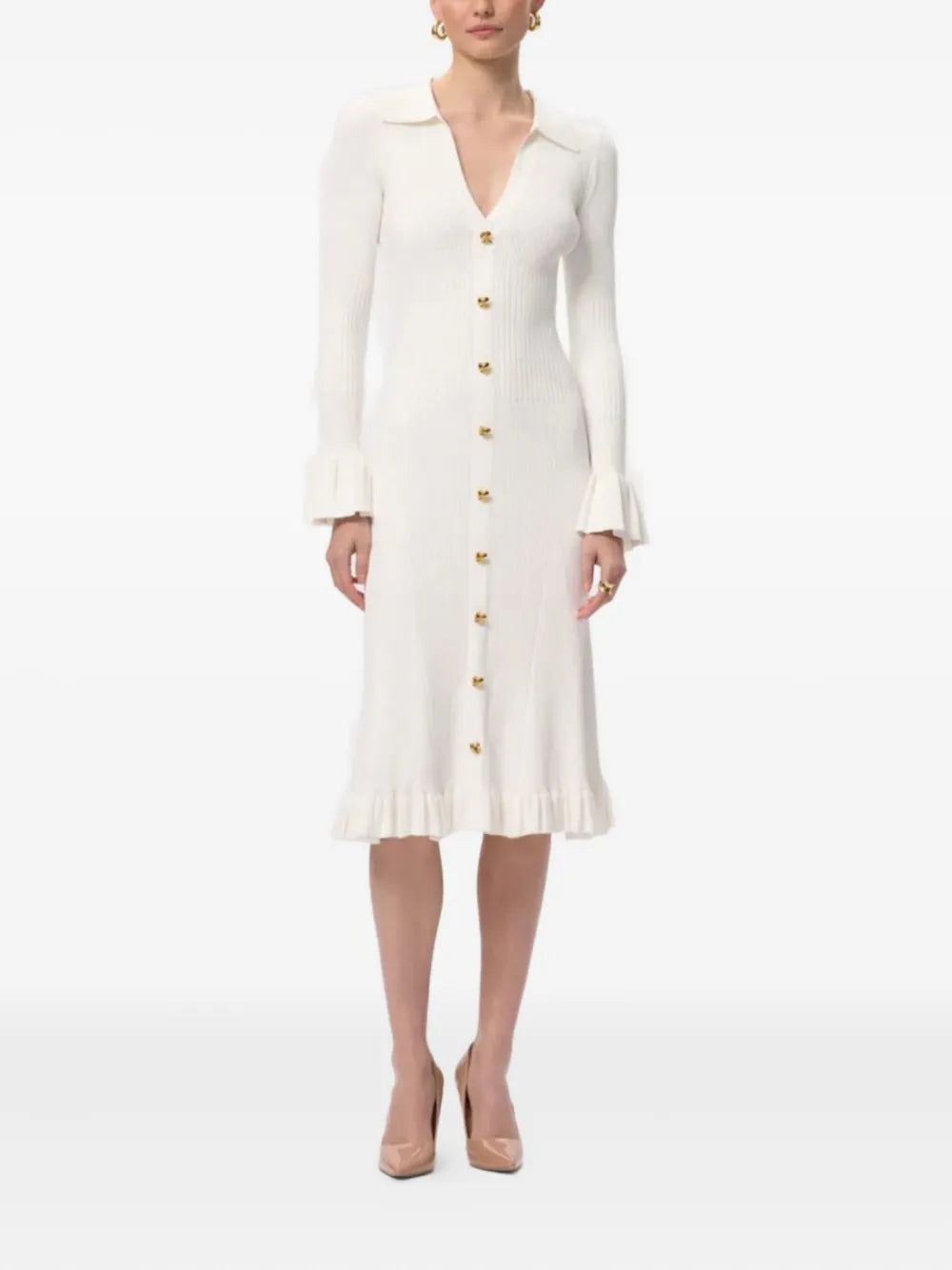 Herve Leger Hallie Button Up Ruffled Midi Dress