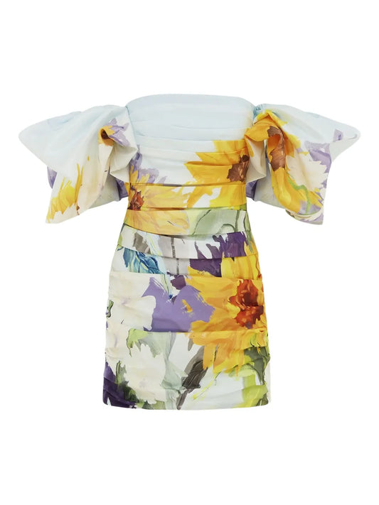 Leo Lin Puff Sleeve Sunflower Print Dress