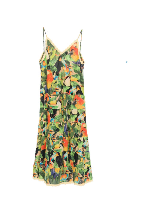 Farm Rio Bird Leaves Ruffled Maxi Dress