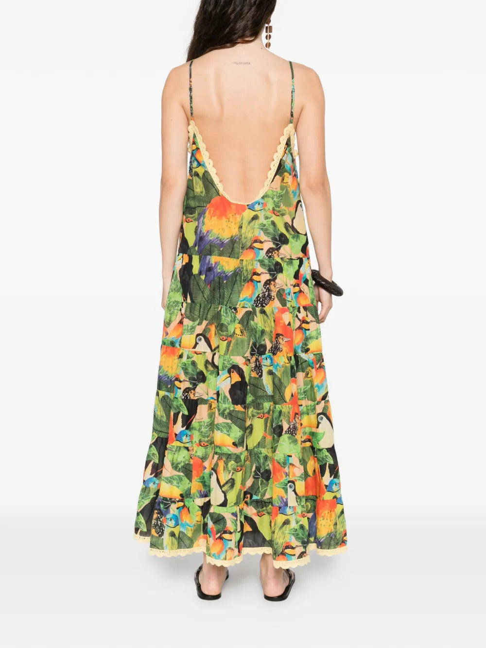 Farm Rio Bird Leaves Ruffled Maxi Dress