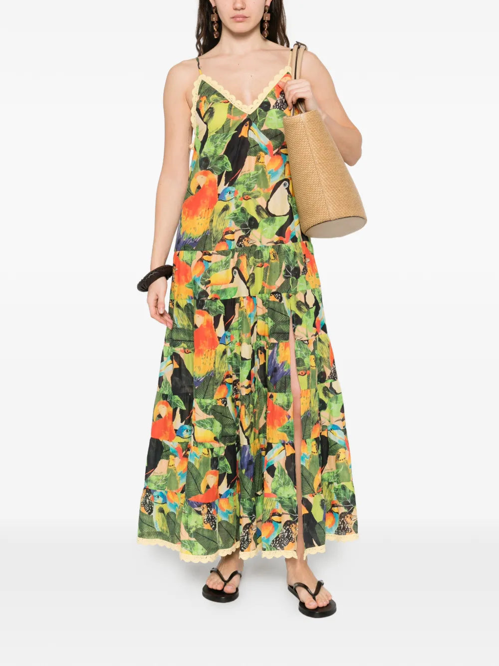 Farm Rio Bird Leaves Ruffled Maxi Dress
