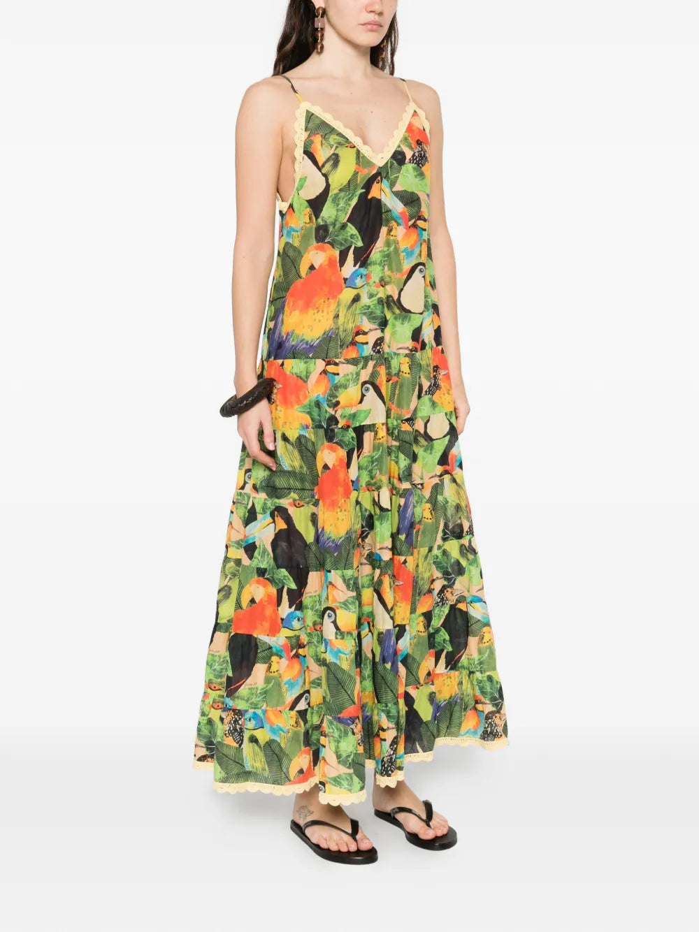 Farm Rio Bird Leaves Ruffled Maxi Dress