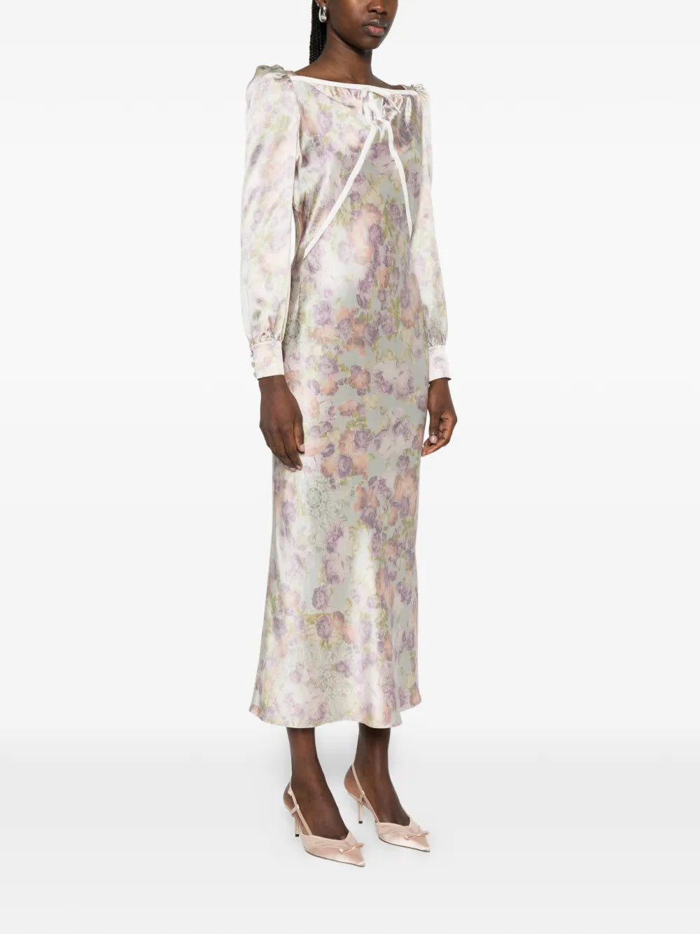 Alessandra Rich Bow Floral Silk Midi Dress