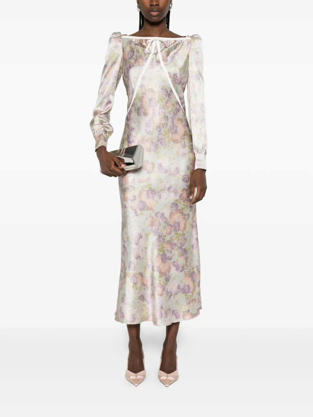 Alessandra Rich Bow Floral Silk Midi Dress