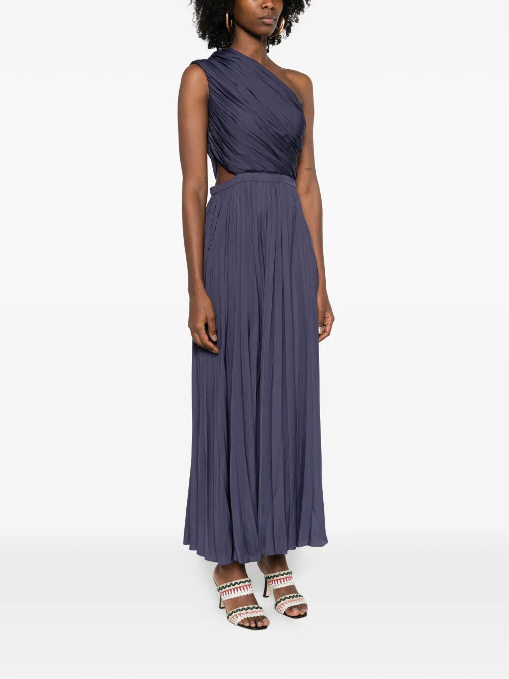 Maje One Shoulder Pleated Midi Dress